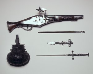 Grupo de Armas: Pistola Wheellock, Chave de Enrolamento, Balão de Pó e Estilete de Italian School