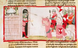 Guelfs bloqueiam a reentrada de Ghibellines na cidade, miniatura da Crônica de Giovanni Villani, manuscrito do século XIV na Itália. de Italian School