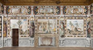Hall of the Zodiac: Deuses castigando homens e figuras masculinas representando os meses do ano (fresco) de Italian School