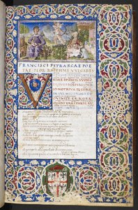 Harley 3567, f.9 Miniatura de Petrarca e Laura, com Amor apontando a sua flecha para Laura, de "Rime e Trionfi de Italian School