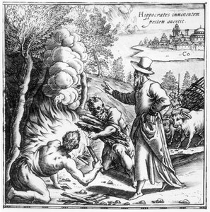 Hipócrates (c.460-c.377 aC), explicando a importância do contágio na epidemia de peste, página de título de Hippocratis Opera Quae Extant, pub. em Venezia, 1588 de Italian School