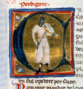 Carta histórica (letra A). O Perdigão Troubadour interpretando o velhote. Minatura extraída do manuscrito "Chansonnier provençal" (Folio 36), escrito por Perdigon e copiado pelo Atelier de Venice-Padua. de Italian School