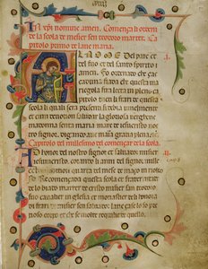 Historiated inicial &39;A&39; mostrando St. Theodore, de um Mariegola, 1350 (tinta aveludada) de Italian School