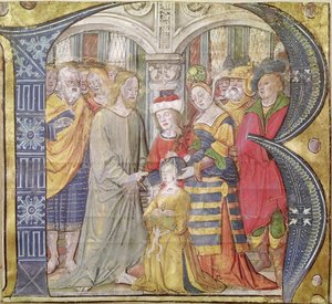 Historiated inicial B representando Cristo curando uma mulher possuída de Italian School
