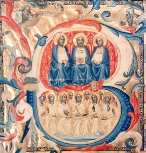 Historiated inicial B representando a Trindade e Cristo cercado por anjos, Escola bolonhesa, c.1340-50 de Italian School