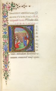 D inicial historiada (ilexi) de Cristo ressuscitando Lázaro dos mortos, e margem parcial, no início do Ofício dos Mortos de Italian School