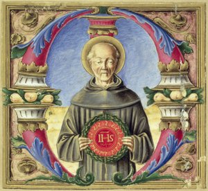 Historia do "M" inicial que representa São Bernardino de Siena (vellum) de Italian School