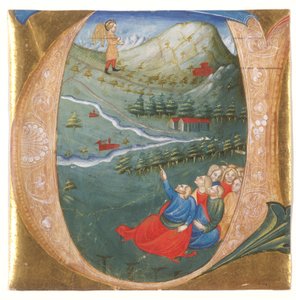 Inicial historiada representando Eliseu no Manto de Elias, recortando de um antifonário, c.1440 (tempera e folha de ouro em pergaminho) de Italian School