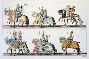 Sacro Império Romano: Participantes de um torneio no Castelo de Luxemburgo no tempo de Maximiliano I, de Costumi dei Romani, Svizzeri .. c.1800-18 de Italian School