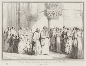 Doge Francesco Foscari deixa o Palácio dos Doges depois do seu depoimento de Italian School