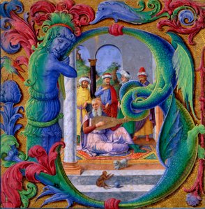 B inicial iluminado (tempera em pergaminho) de Italian School