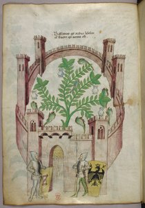 Ilustração do jardim de bálsamo do Cairo (Fustat), com sete tanques de água e jarras para apanhar o bálsamo, uma planta no centro, com dois cavaleiros de armadura a ladear o portão, com escudos com armas heráldicas, c.1440 (tinta e cor sobre velino) de Italian School