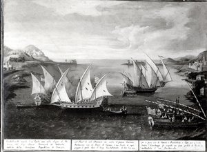 Incidente fora de Patras entre o capitão veneziano Ivanovich da Dabrota e o pirata turco Barbarossa, 17 de abril de 1751 de Italian School