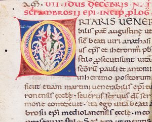 &39;O&39; inicial no verso de um corte com Paulinus de Milão, Vita Sancti Ambrosii, provavelmente da Toscana, c.1150-75 (tinta sobre pergaminho) de Italian School