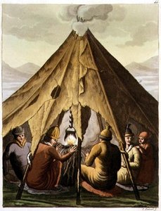 Interior de uma Laplander Hut com uma Família à volta do Fogo, placa 44 de "A História das Nações" (aquatint) de Italian School