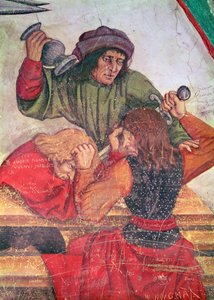 Interior de uma pousada, detalhe de bebedores lutando (fresco) de Italian School