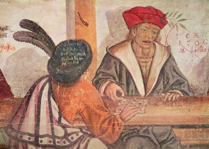 Interior de uma estalagem, detalhe de dois homens a jogar um jogo de tabuleiro (fresco) de Italian School