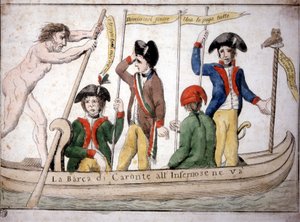 Um desenho animado italiano sobre o Napoleon Caron a levar o Napoleon para o inferno no seu barco. de Italian School