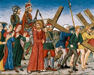 Jesus conduz ao Calvário e às Santas Mulheres no caminho. Manuscrito de Cristobal de Predis (1440-1486) de Italian School