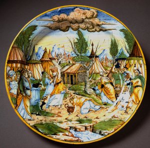 Os judeus no deserto (ou a recuperação do maná). Deus alimenta os israelitas que passariam fome de ovos de codorniz e de maná (Maná). Prato de cerâmica produzido em Urbino, na oficina Fontana, Itália. 1560 ao redor de Florença, Museo Nazionale del Bargello de Italian School