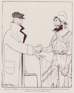 O Kaiser Wilhelm II entrega o poder ao socialismo bolchevique (litografia) de Italian School