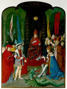 Rei Henrique VIII em disputa com o Imperador Carlos V perante o Papa Leão X. Henrique detém um rolo, que pode ser o touro de 1521 concedendo-lhe o título de "Defensor da Fé" (tinta e aguarela sobre papel) de Italian School