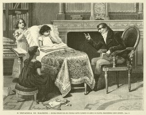 A Infância de Mazzini, Aqui Está Ele Feliz Com Sua Cama Coberta Com Livros e Mapas, Propondo Certas Questões (gravura) de Italian School