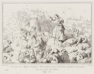 A esposa do Major Battaglia Motta, leva as mulheres de Candia a ajudar a reparar a (gravura) de Italian School