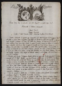 Carta em italiano, com uma representação da cabeça de Brutus o mais novo, uma mão ardente representando Gaius Mucius Scaevola, e o lema da Revolução Francesa de Italian School
