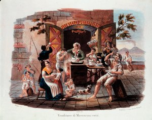 O pequeno metier napolitano: um vendedor de maccheroni cozido. Ao longe a vesuve na baía de Nápoles. Litografia do século XIX. Museo Nazionale delle Paste Alimentari, Fondazione Agnesi, Roma. de Italian School