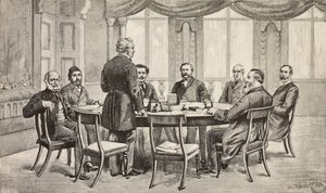 Conferência de Londres sobre o Egipto, Reino Unido: Conde Munster, Musurus Pasha, Granville (em pé), Conde Nigra, Waddington, De Staal, Childers, Conde Karolyi, gravura de desenho de Edoardo Ximenes, de L
