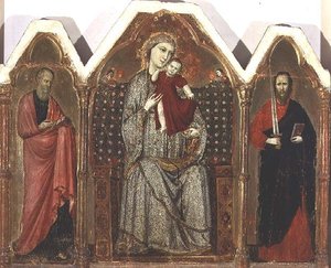 Madonna e Child Enthroned, com as SS. João Evangelista e Paulo, Escola Riminese (painel do tríptico) de Italian School