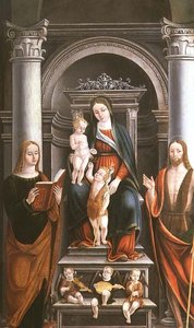 Madonna e Criança recebendo uma rosa do Menino São João Batista, com santos e anjos por M.B. (monograma) de Italian School