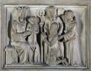 Madonna e Child, com um guerreiro e santos, alívio criado ??por Os Mestres de Campione. Itália de Italian School