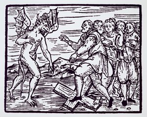Bruxa masculina renunciando a Cristo, cópia de uma ilustração do Compendium Maleticarum por Pe. M Guaccius, Milão 1608, usada na História da Magia, publicada no final do século XIX