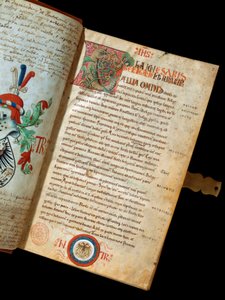 Manuscrito "De Bello Gallico, Comments on the War of the Gauls" de Jules Cesar (Giulio Cesare ou Caius Júlio César) (100-44 AC) (ms. 541) Blazon do humanista Niccolo Tranchedini, proprietário do manuscrito. Século XIV Biblioteca Riccardiana Nápoles de Italian School