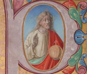 Manuscrito Iluminação com Salvator Mundi em um P inicial, de um livro de coro (Tempera, tinta e ouro em pergaminho) de Italian School