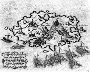 Mapa da Ilha de Tinos com a frota veneziana, século XVII