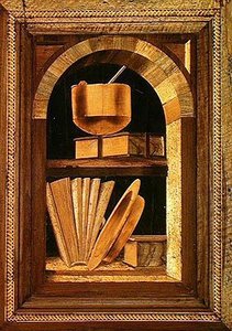 Painel de marchetaria de uma natureza morta com livros (madeira) de Italian School