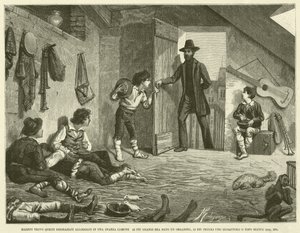 Mazzini encontrou estes infelizes alojados numa sala comum Os mais velhos receberam um órgão, os mais novos um esquilo ou um rato branco (gravura) de Italian School