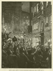 Mazzini em Milão, Haranguing the People from the Balcony of the Bella Venezia Hotel (gravura) de Italian School