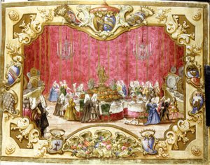 Refeição dada em homenagem ao gonfalonier Zambeccari pelo empenho do poder judiciário. 1720. Bolonha, Archivio di stato. de Italian School