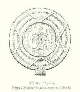Medalhão de Honório, atingido em Ravenna por volta de 402 e encontrado na Holanda (gravura) de Italian School
