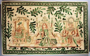 Placa decorativa de estilo medieval representando Constança de Hauteville, Rogério da Sicília e Frederico II de Hohenstaufen, fabrico Alessi, Caltagirone, Sicília, Itália (cerâmica) de Italian School