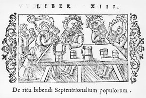 Homens bebendo, ilustração Descrição do Norte por Olaus Magnus (1490-1558), publicado em Roma, 1555 de Italian School