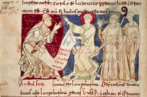 Miniatura de Chronicon Vulturnense, códice iluminado composto pelo monge Iohannes, ca. 1130, Itália de Italian School
