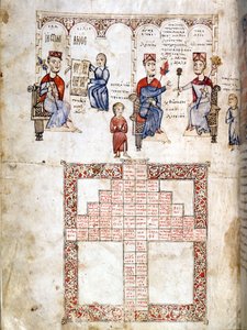 Página em miniatura de" Ecloga Legum", manuscrito legal datado de 1175. Os caracteres mostrados são da esquerda para a direita Justiniano I (482 - 565), Leão I (457-474) e Constantino I o Grande (270/288 - 337). Veneza, bíblia. Marciana. de Italian School