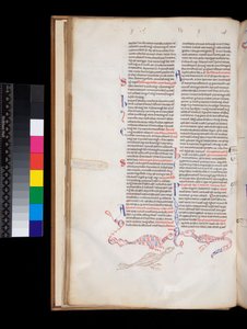 Sra. 164. Peter Lombar, Sententiae, f.15v. decoração de caneta bas-de-página desenvolvida em híbridos de pássaros/dragões de Italian School