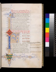 Ms 329. Statius, Thebaid, f.19r. Inicial iluminada [F] em azul com decoração reservada para o incipit, e inicial menor [A] em ouro para o argumentum, e intrincado contraste de caneta - florindo de ouro e azul, estendendo-se para formar um foliate em forma  de Italian School
