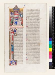 Ms 331 fol.1r Página de texto com um P inicializado historiated e uma miniatura representando um cardeal entronado, do Livro V dos Decretals de Gregory IX, de Bolonha, c.1350 de Italian School